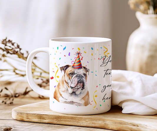 Personalised Dog Gift Mug - Bulldog with Birthday Congratulations Party Hat