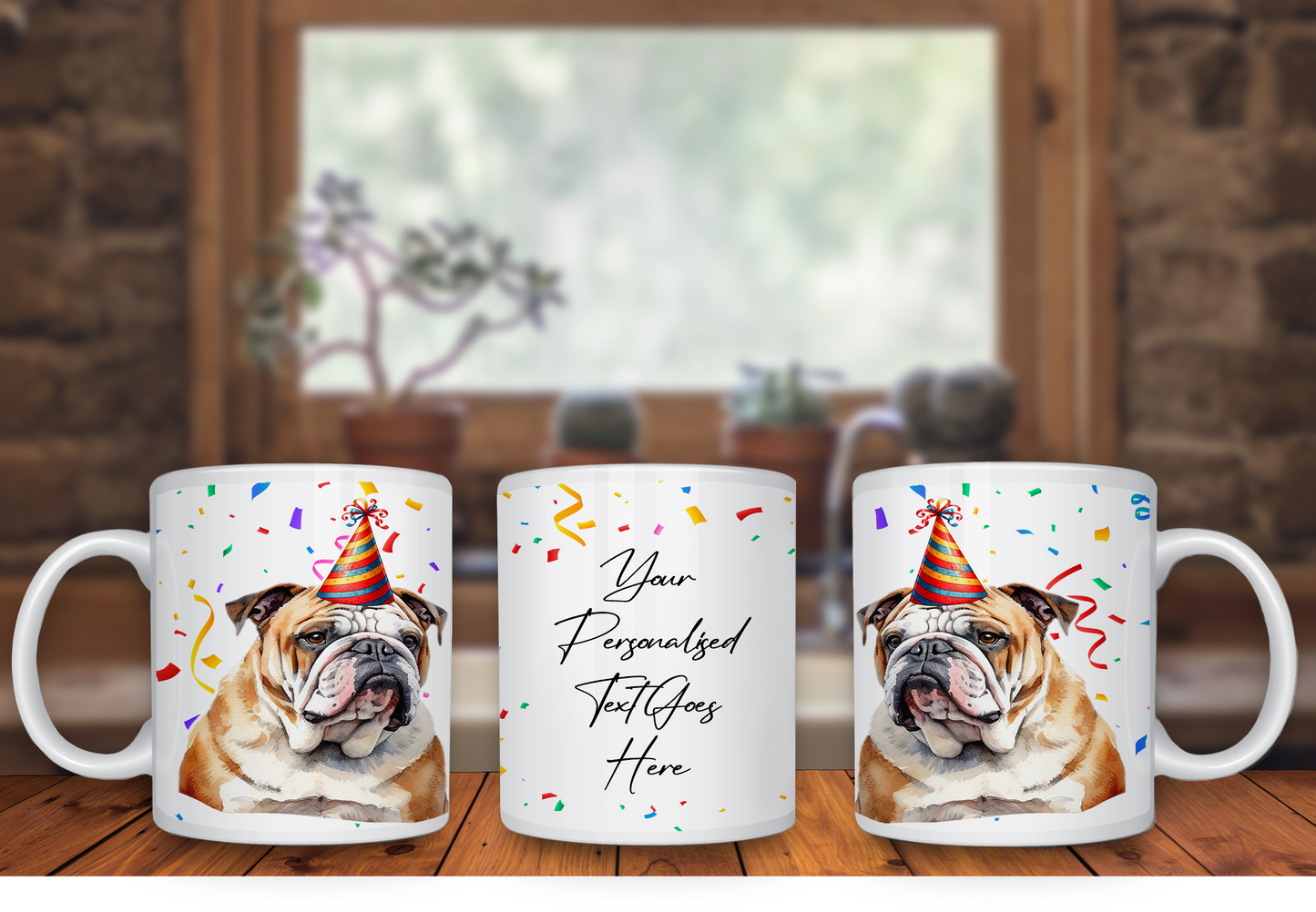 Personalised Dog Gift Mug - Bulldog with Birthday Congratulations Party Hat