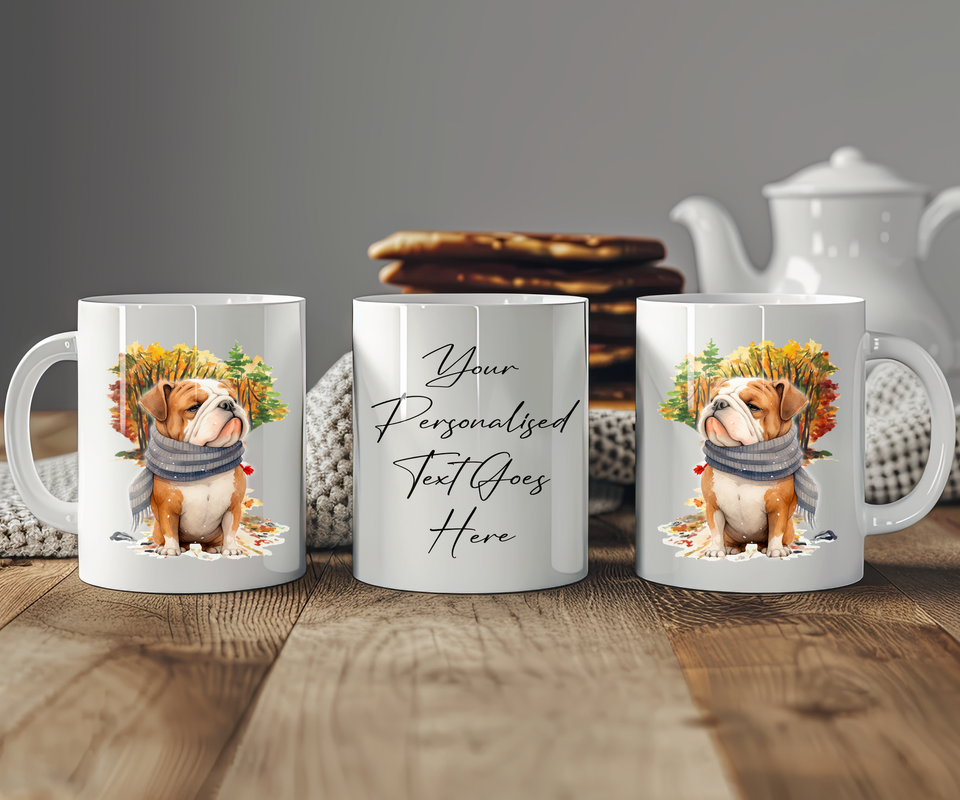 Personalised Bulldog Pet Dog Gift Mug wearing an Autumn scarf on a walk, by Floppsie Moppsie – floppsiemoppsie at floppsiemoppsie.co.uk