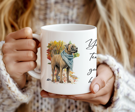 Personalised Cane Corso Pet Dog Gift Mug wearing an Autumn scarf on a walk, by Floppsie Moppsie – floppsiemoppsie at floppsiemoppsie.co.uk