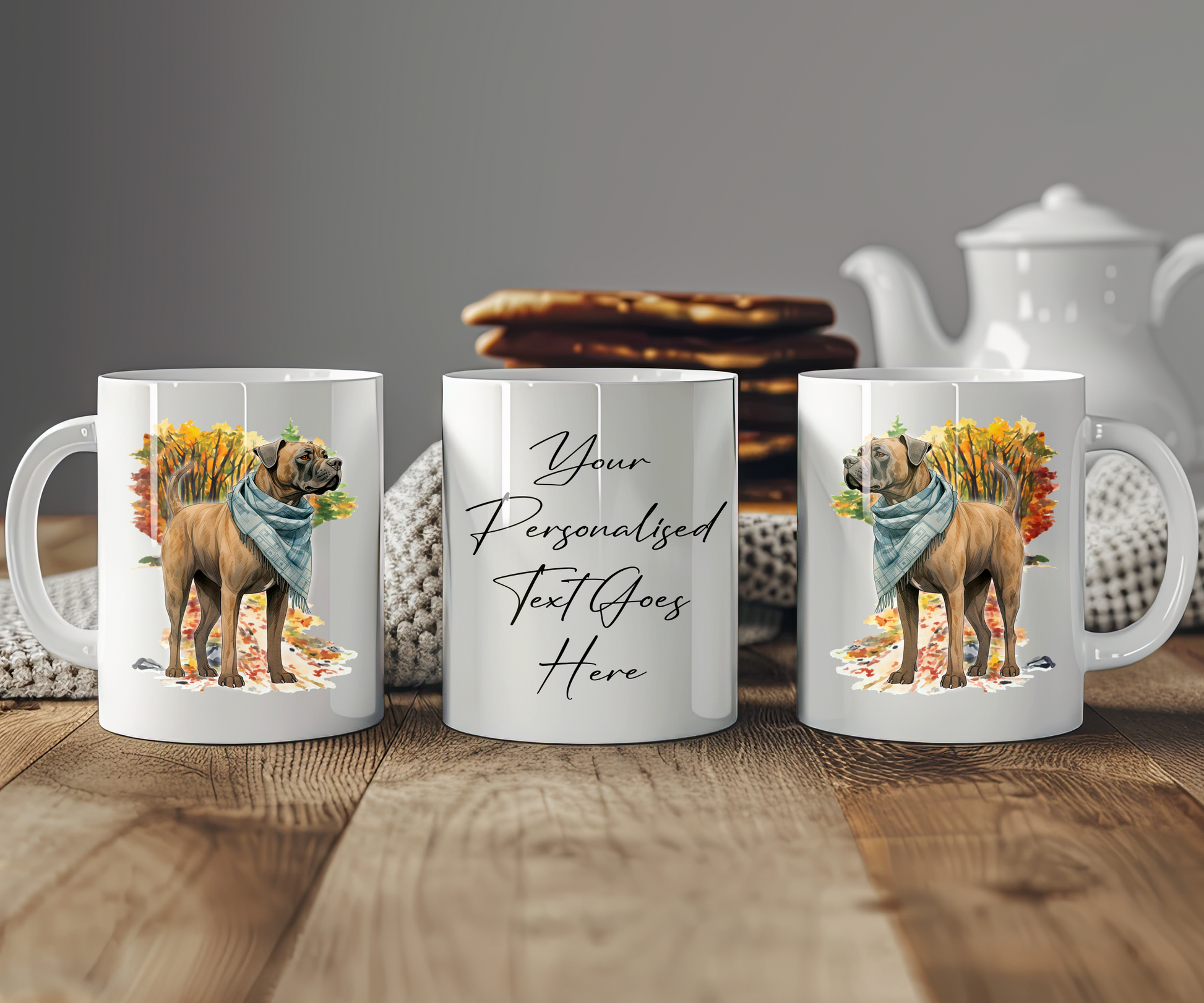 Personalised Cane Corso Pet Dog Gift Mug wearing an Autumn scarf on a walk, by Floppsie Moppsie – floppsiemoppsie at floppsiemoppsie.co.uk