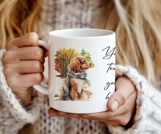 Personalised Cavalier King Charles Spaniel Pet Dog Gift Mug wearing an Autumn scarf on a walk, by Floppsie Moppsie – floppsiemoppsie at floppsiemoppsie.co.uk