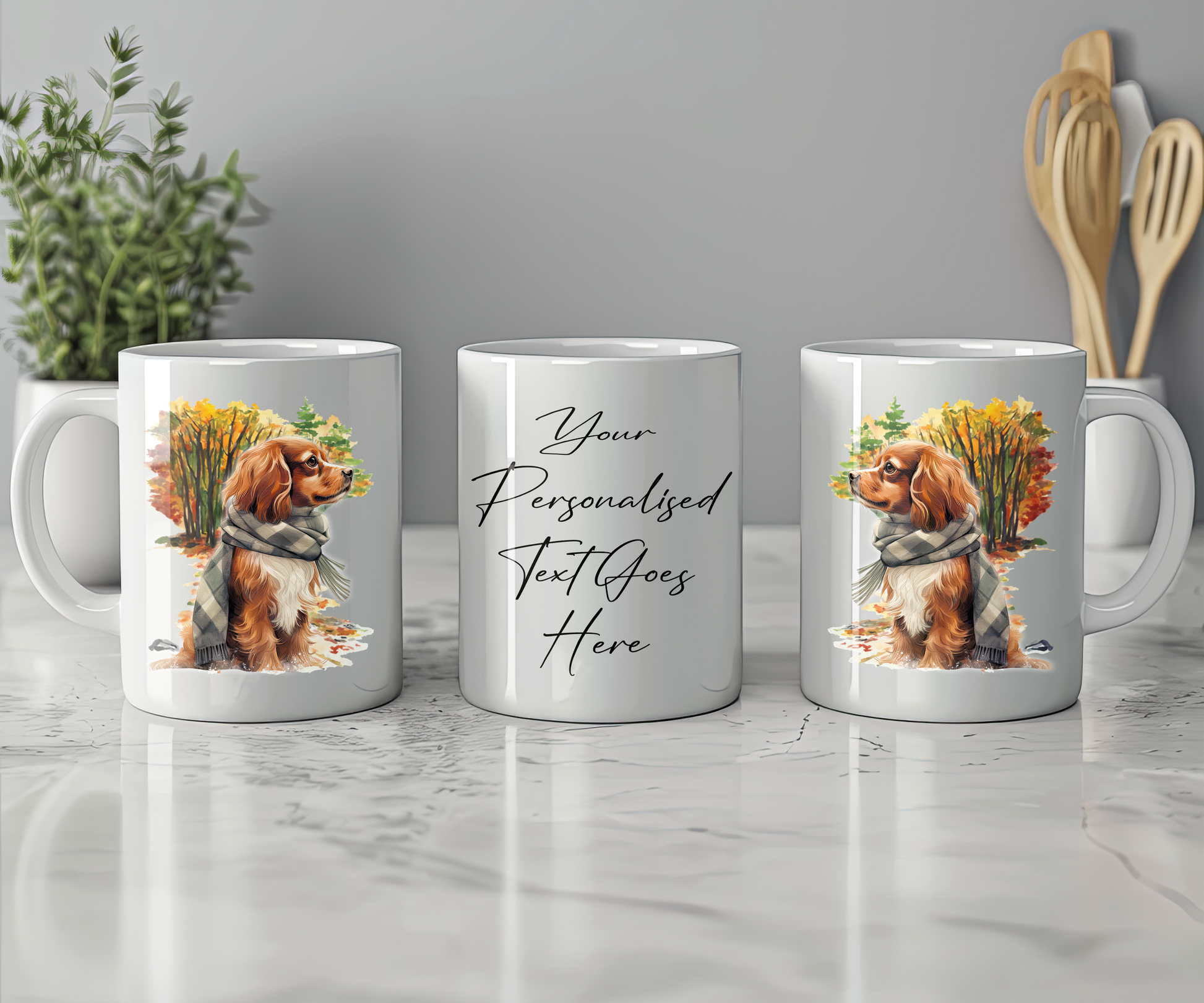 Personalised Cavalier King Charles Spaniel Pet Dog Gift Mug wearing an Autumn scarf on a walk, by Floppsie Moppsie – floppsiemoppsie at floppsiemoppsie.co.uk