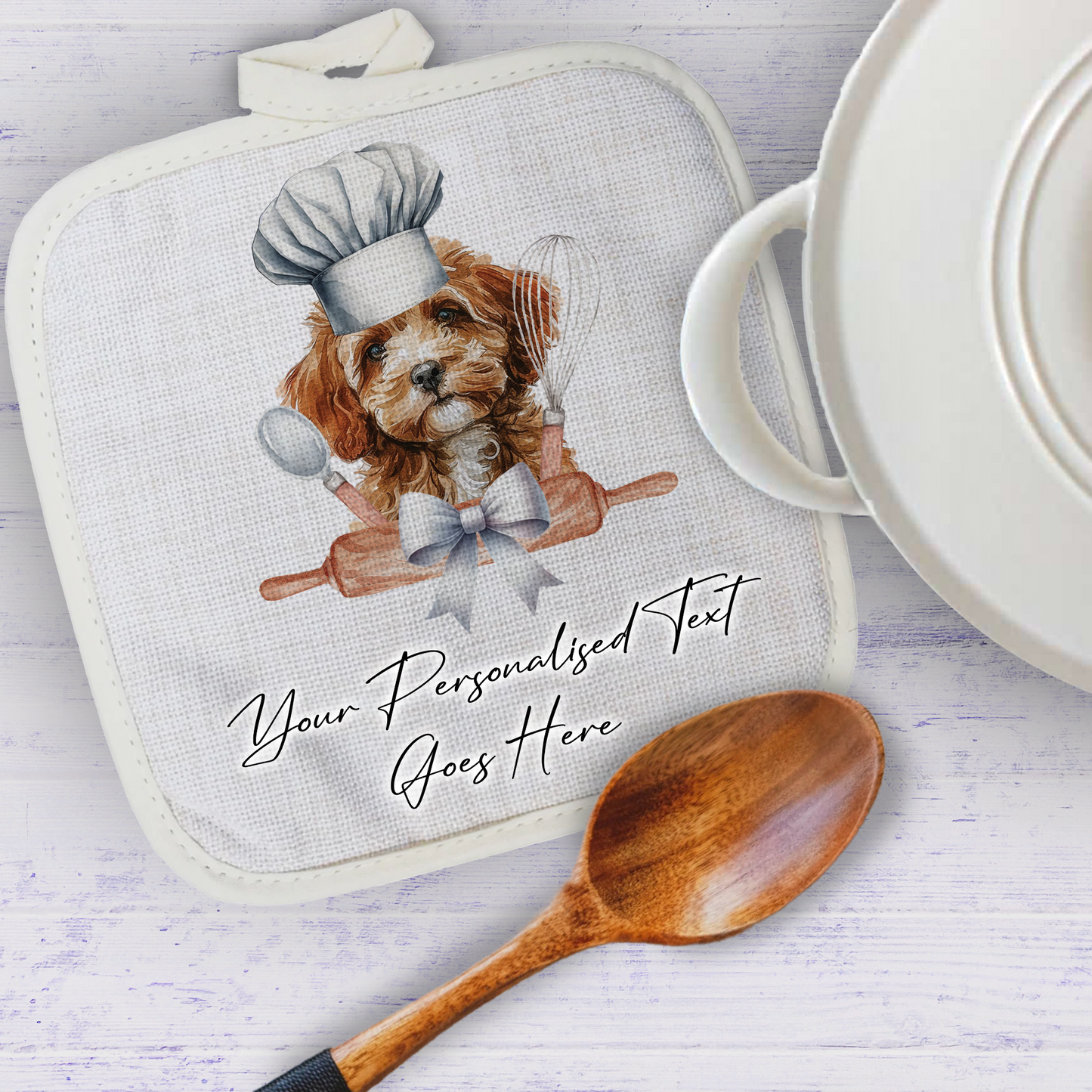 Personalised Dog In Chef Hat Gift Pot Holder / Grab - Cavapoo