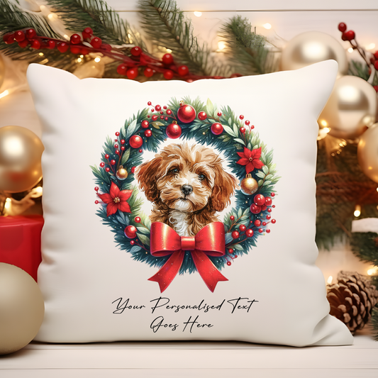 Personalised Cavapoo in a Christmas wreath - Keepsake Gift cushion, by Floppsie Moppsie – floppsiemoppsie at floppsiemoppsie.co.uk