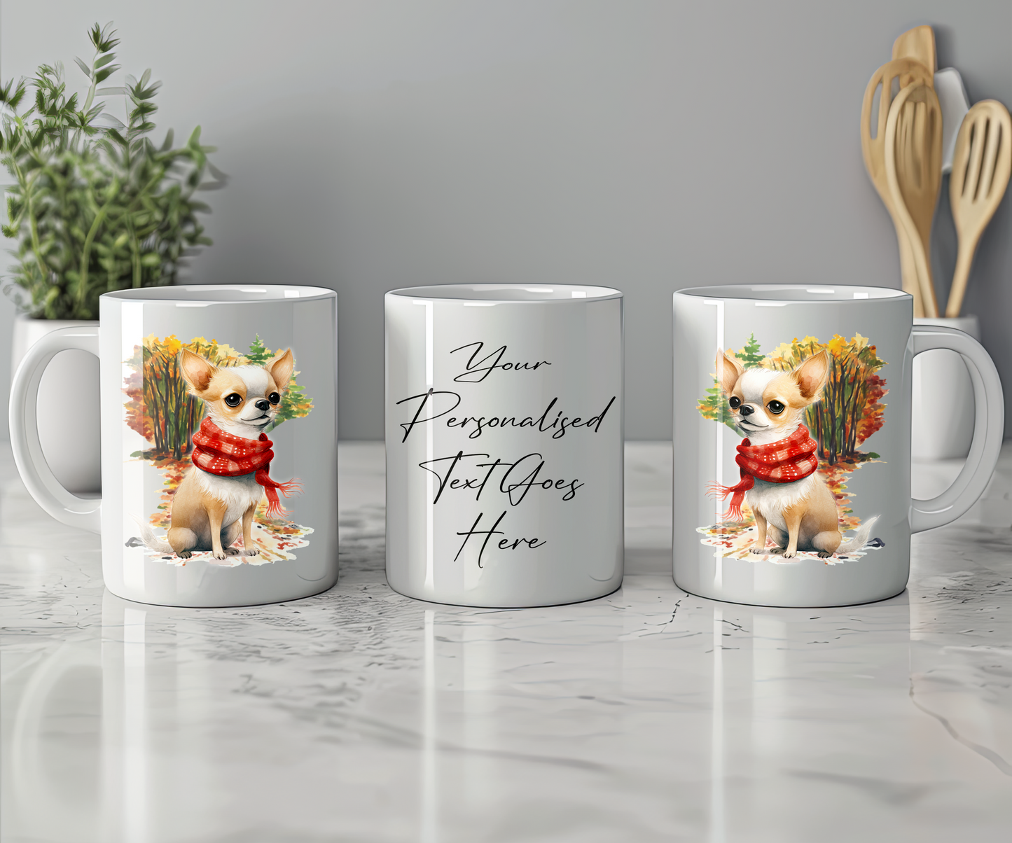 Personalised Chihuahua Pet Dog Gift Mug wearing an Autumn scarf on a walk, by Floppsie Moppsie – floppsiemoppsie at floppsiemoppsie.co.uk