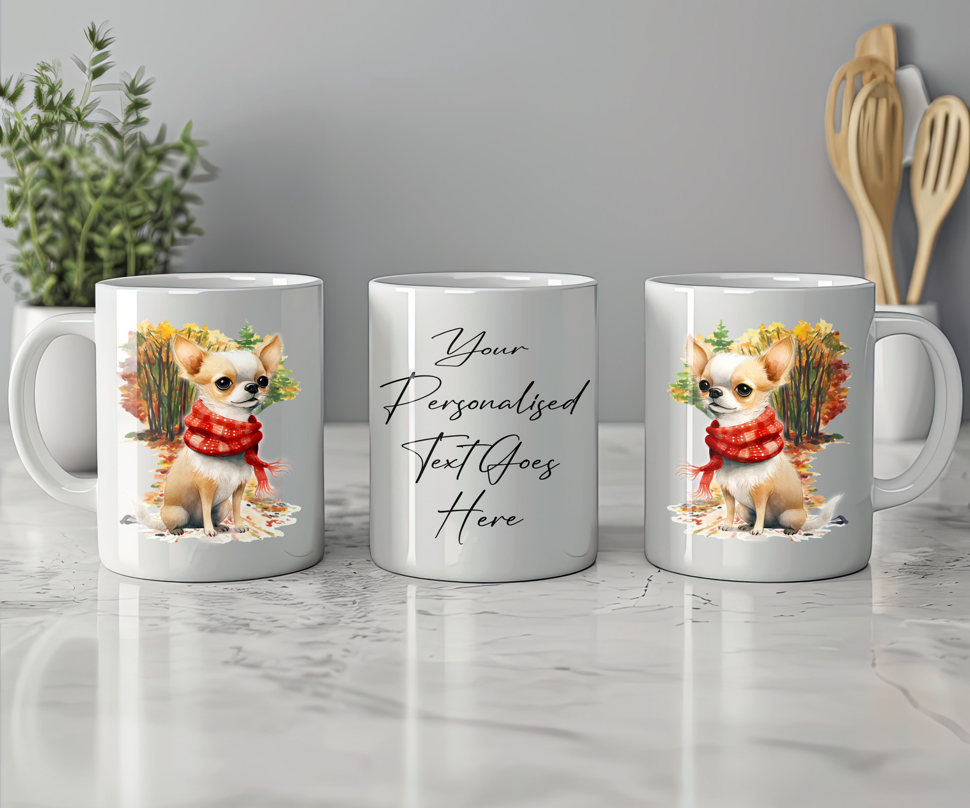 Personalised Chihuahua Pet Dog Gift Mug wearing an Autumn scarf on a walk, by Floppsie Moppsie – floppsiemoppsie at floppsiemoppsie.co.uk
