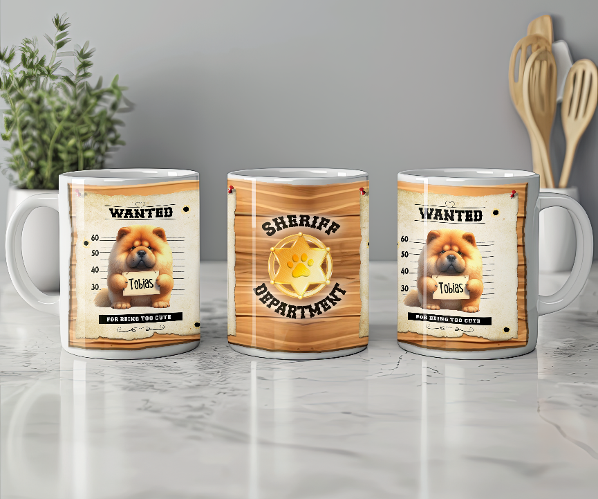 Personalised WANTED Pet Dog mug of a cute Chow Chow on a wanted poster - Keepsake Gift, by Floppsie Moppsie – floppsiemoppsie at floppsiemoppsie.co.uk