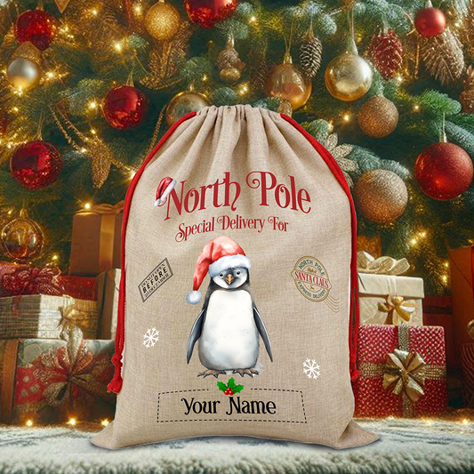 Personalised Penguin North Pole Santa Sack