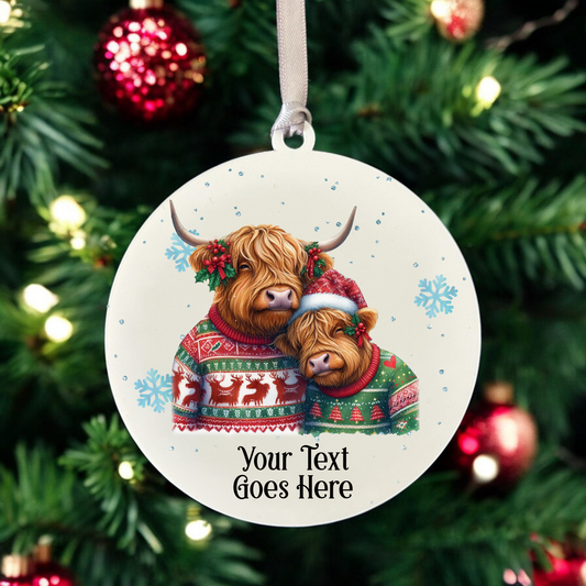 Personalised Christmas Highland Cow Couple - Hanging Bauble Decoration - Style A