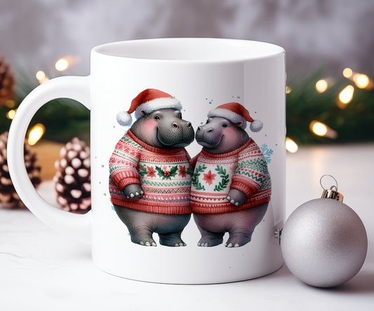 Personalised Christmas Hippo Couple Gift Mug - Style A