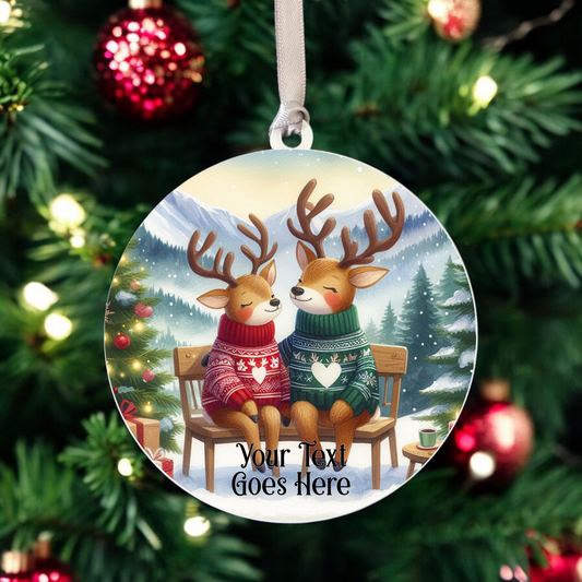 Personalised Christmas Reindeer Couple - Hanging Bauble Decoration - Style D