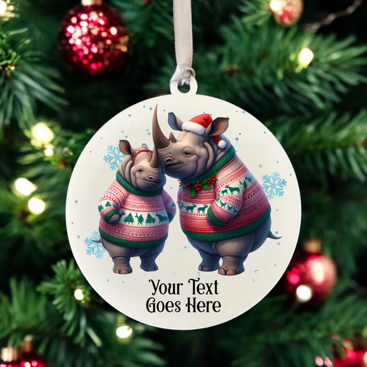 Personalised Christmas Rhino Couple - Hanging Bauble Decoration - Style A
