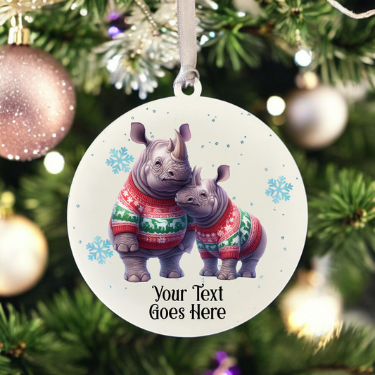 Personalised Christmas Rhino Couple - Hanging Bauble Decoration - Style B