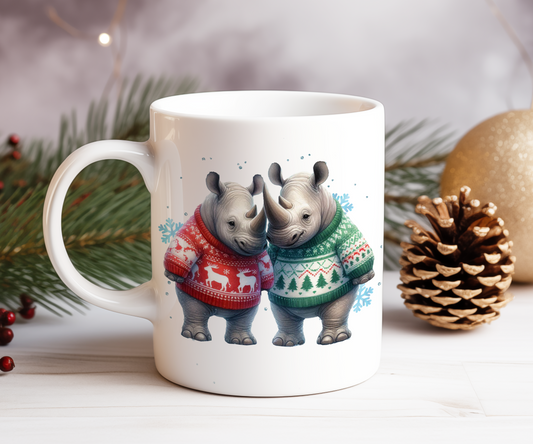 Personalised Christmas Rhino Couple Gift Mug - Style C