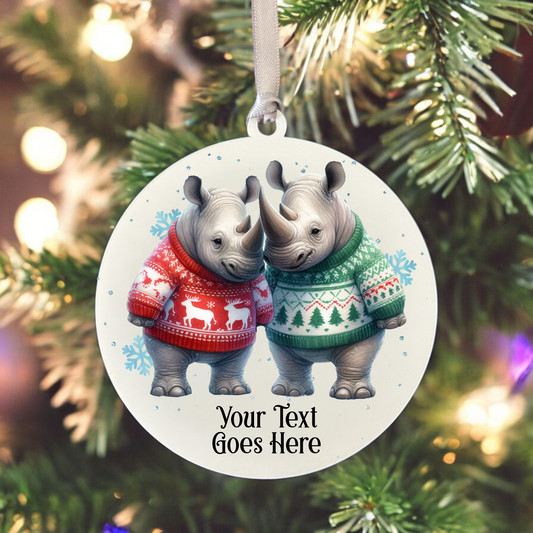 Personalised Christmas Rhino Couple - Hanging Bauble Decoration - Style C