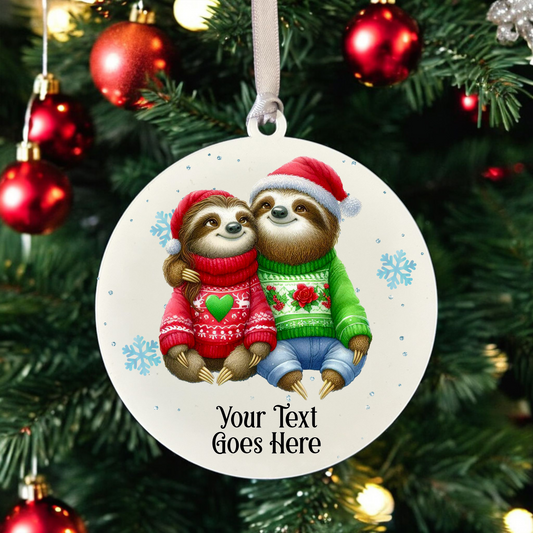 Personalised Christmas Sloth Couple - Hanging Bauble Decoration - Style B