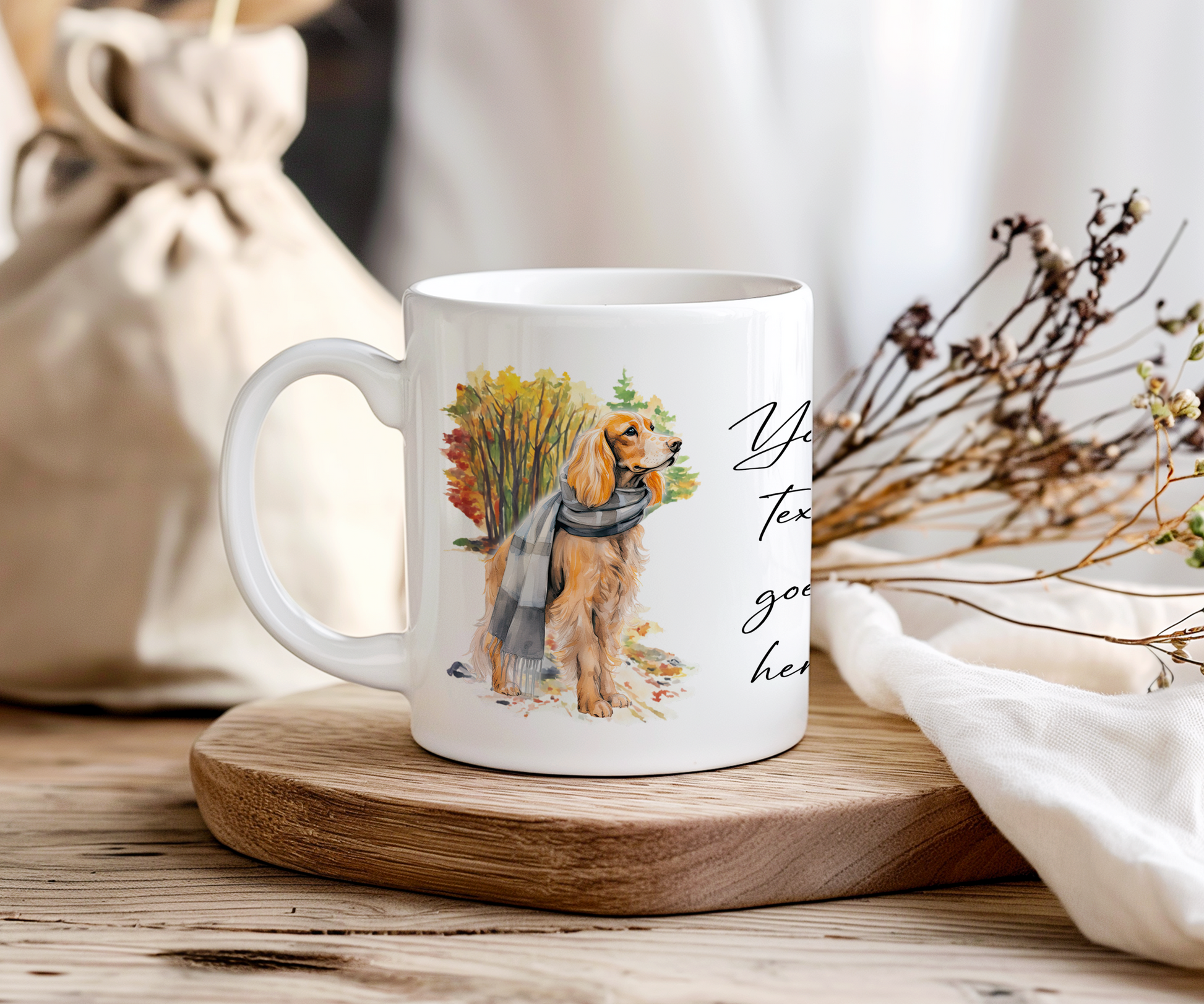 Personalised Cocker Spaniel Pet Dog Gift Mug wearing an Autumn scarf on a walk