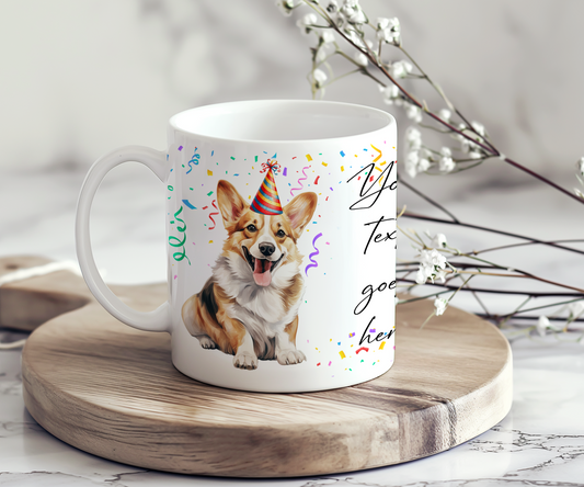 Personalised Dog Gift Mug - Corgi with Birthday Congratulations Party Hat