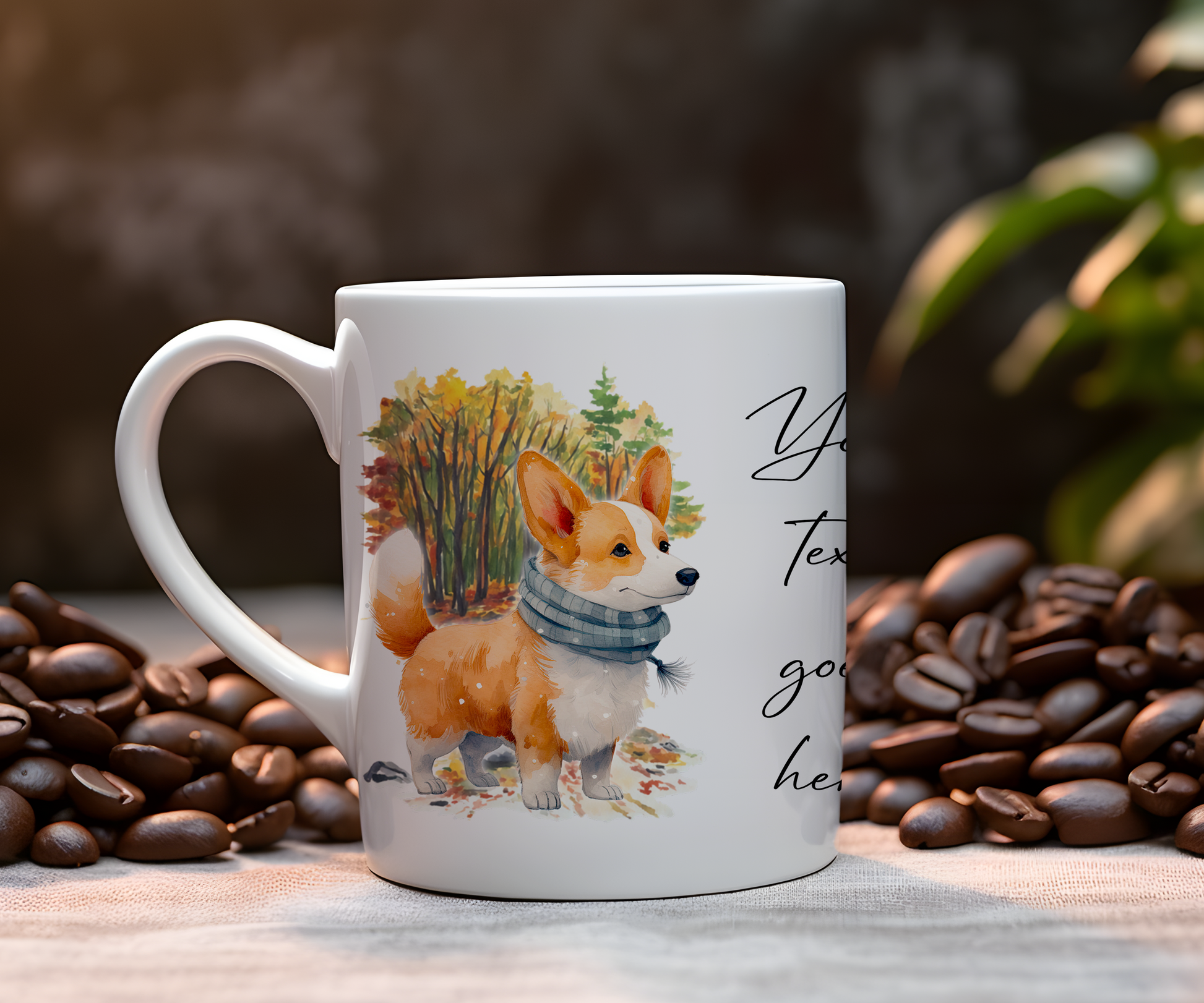 Personalised Corgi Pet Dog Gift Mug wearing an Autumn scarf on a walk