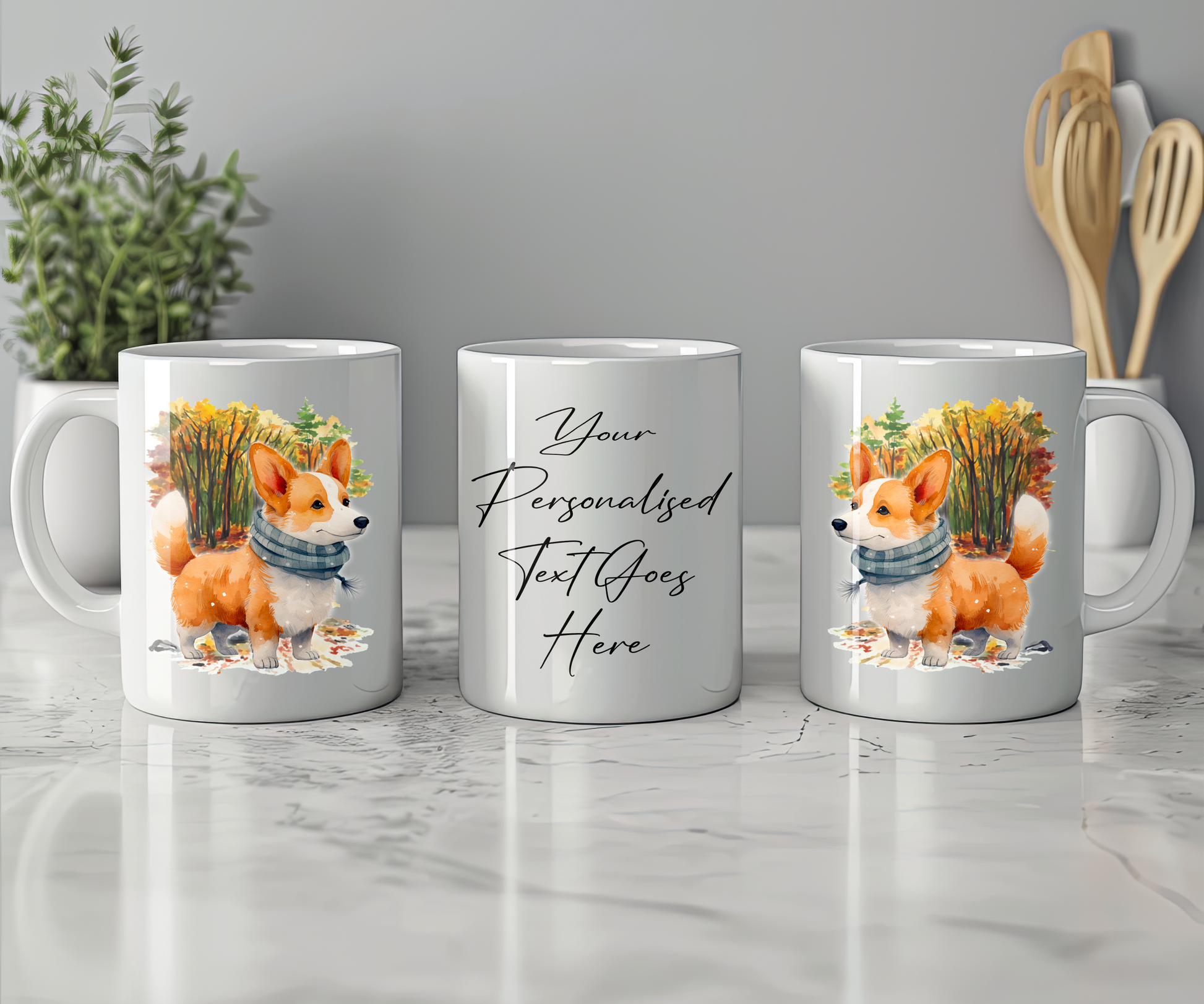 Personalised Corgi Pet Dog Gift Mug wearing an Autumn scarf on a walk