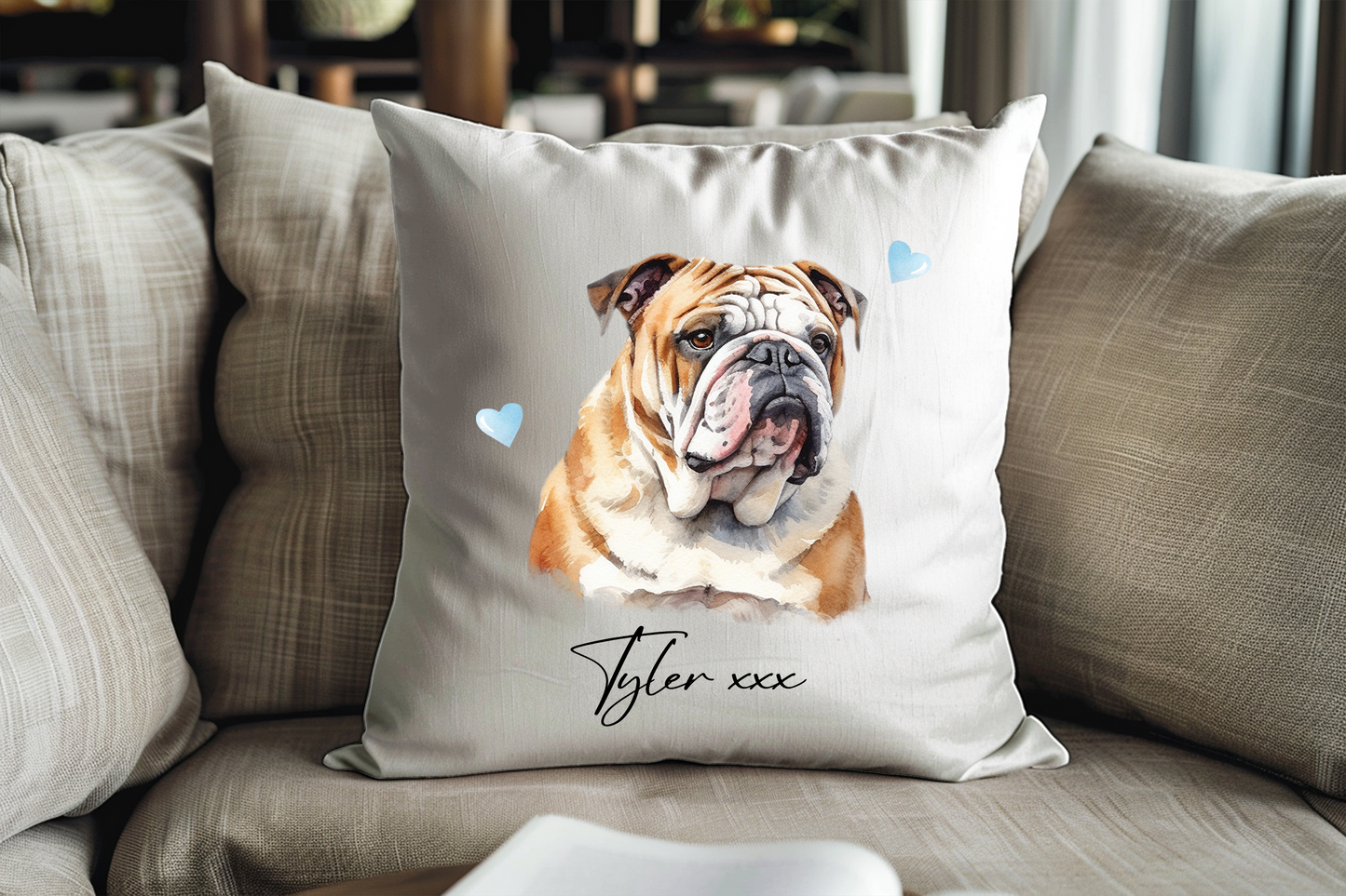 Personalised Bulldog Hearts Cushion Keepsake Gift - DHC02