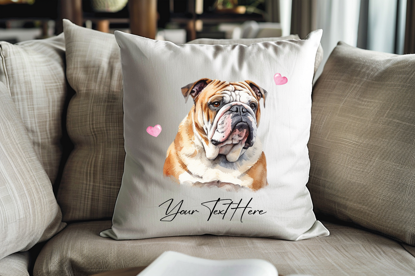 Personalised Bulldog Hearts Cushion Keepsake Gift - DHC02