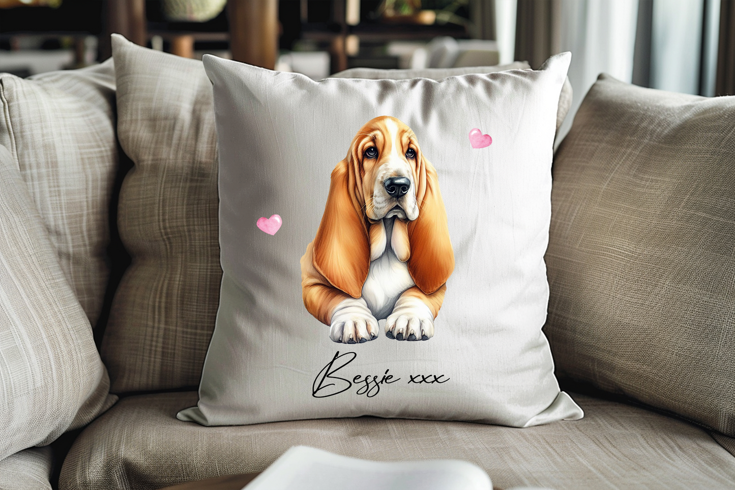 Personalised Basset Hound Hearts Cushion Keepsake Gift