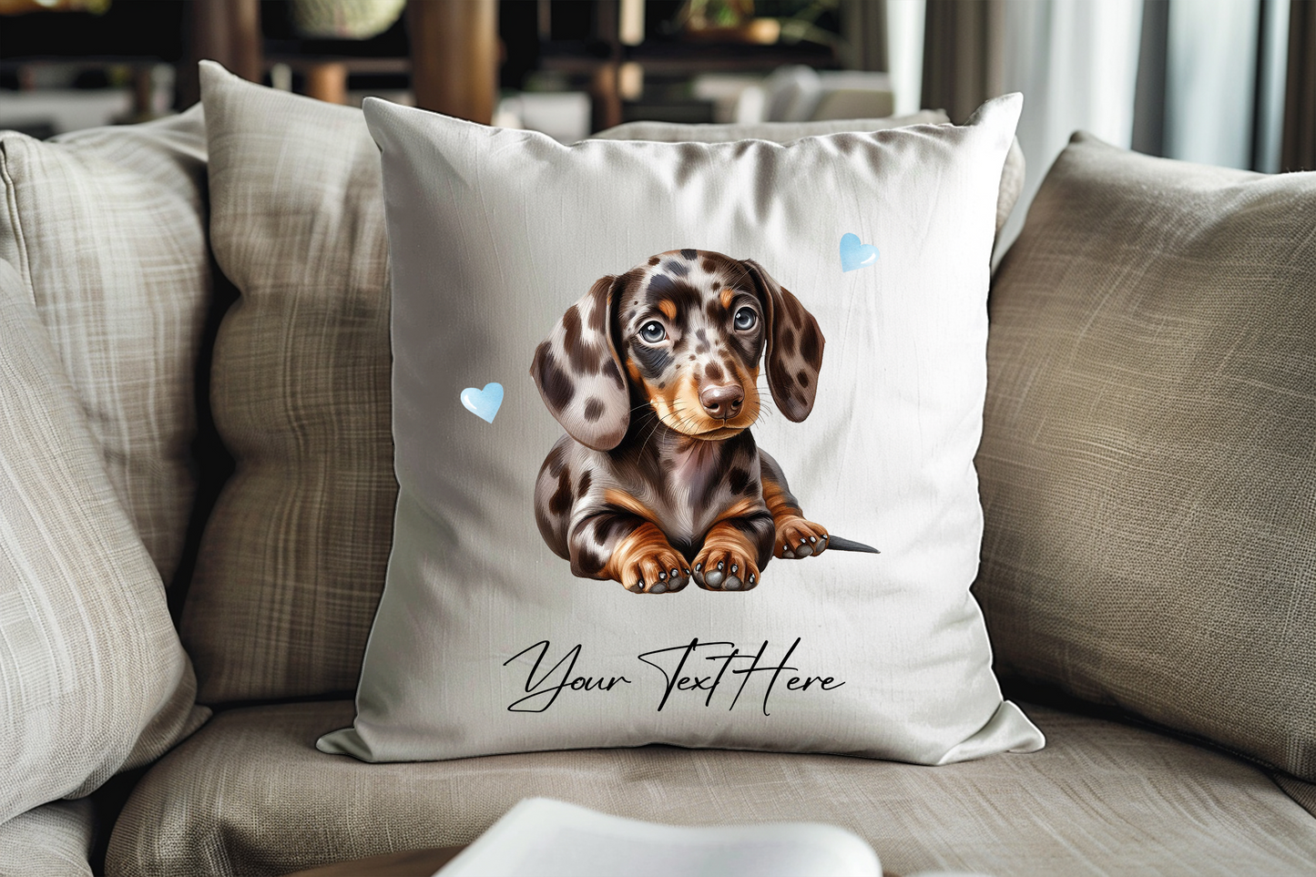 Personalised Dappled Chocolate Dachshund Hearts Cushion Keepsake Gift