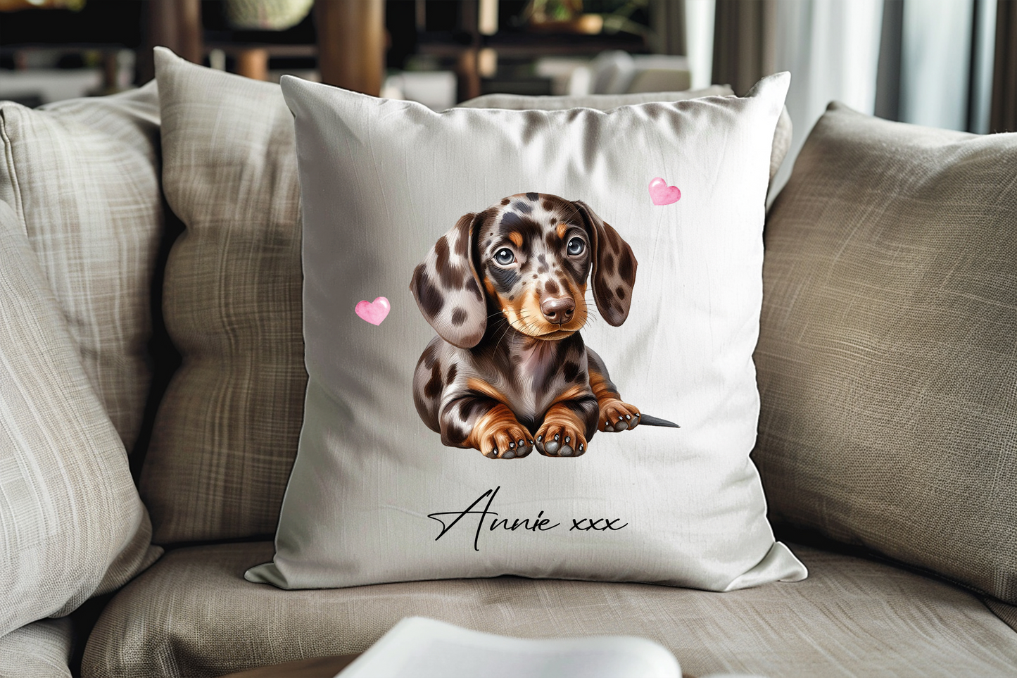 Personalised Dappled Chocolate Dachshund Hearts Cushion Keepsake Gift