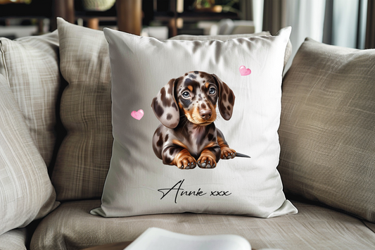 Personalised Dappled Chocolate Dachshund Hearts Cushion Keepsake Gift