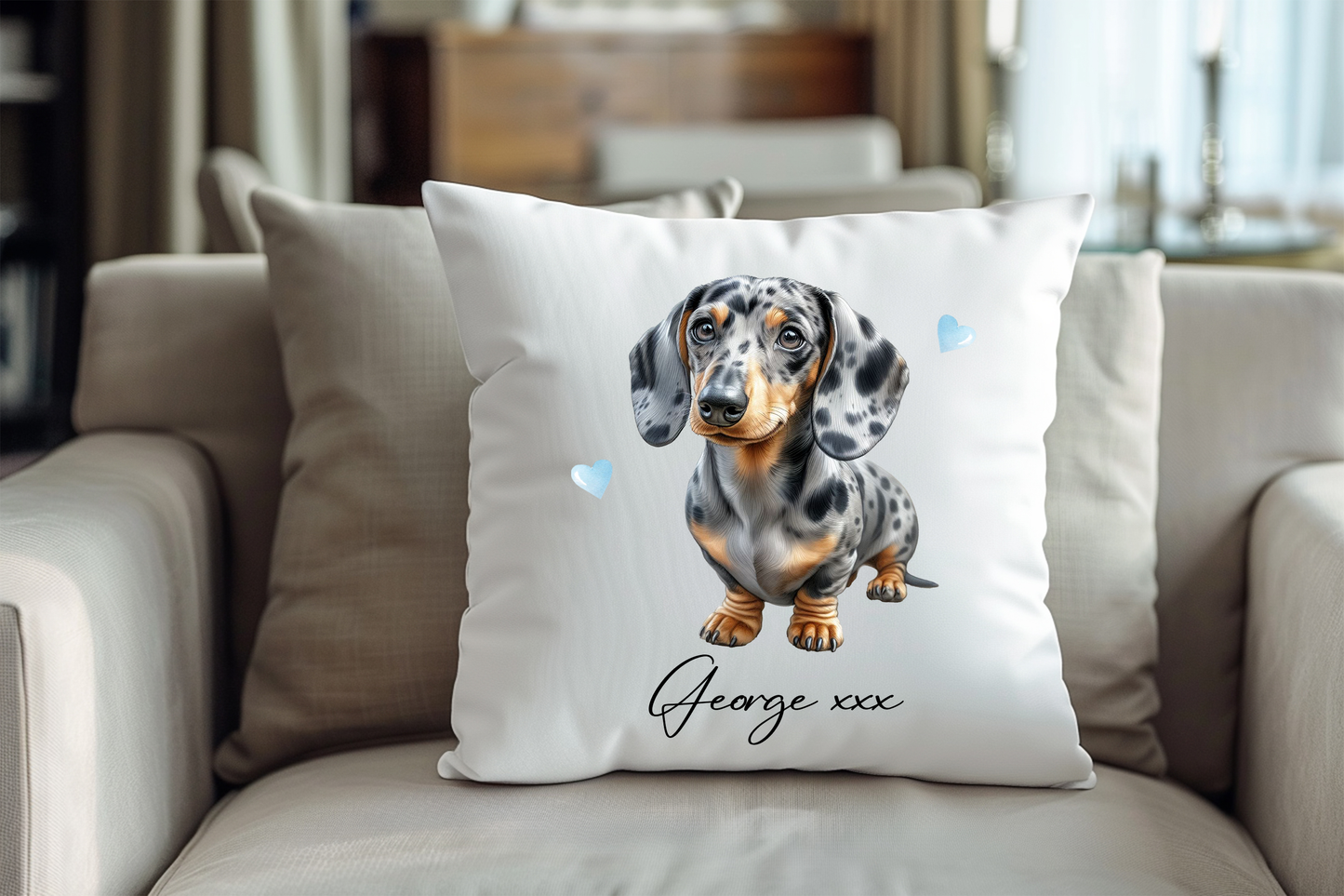 Personalised Dappled Silver Dachshund Hearts Cushion Keepsake Gift