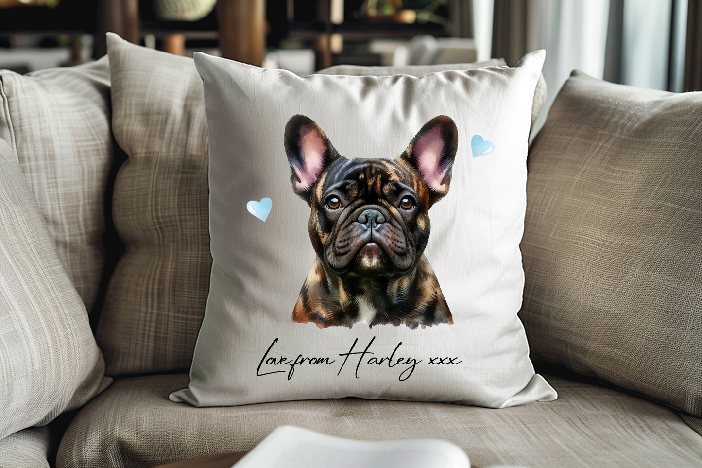 Personalised Bridle French Bulldog Hearts Cushion Keepsake Gift