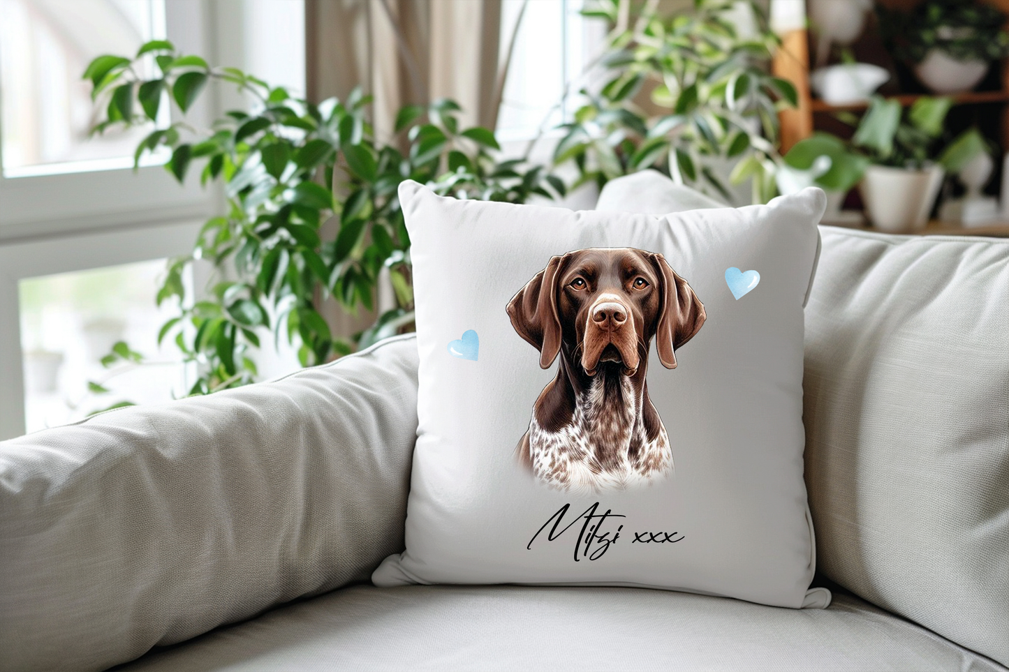 Personalised Liver and Tan German Shorthaired Pointer Hearts Cushion Keepsake Gift