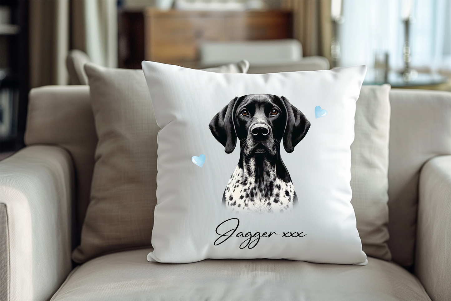 Personalised Black and White German Shorthaired Pointer Hearts Cushion Pet Keepsake Gift