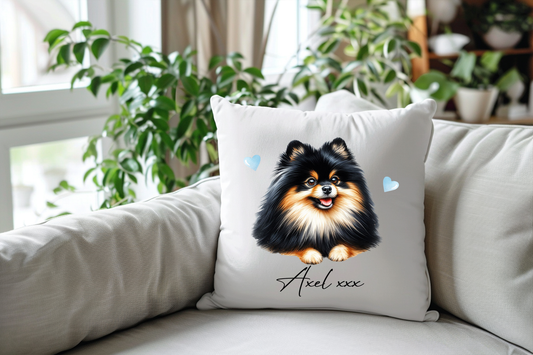 Personalised Black and Tan Pomeranian Hearts Cushion Pet Keepsake Gift