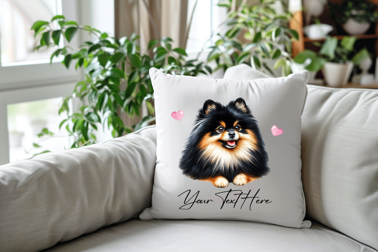 Personalised Black and Tan Pomeranian Hearts Cushion Pet Keepsake Gift