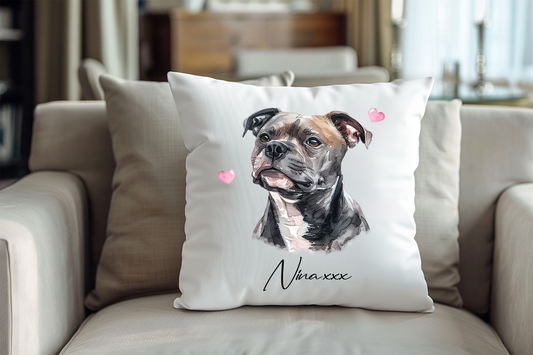 Personalised Staffordshire Bull Terrier Hearts Cushion Pet Keepsake Gift