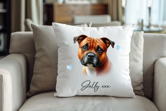 Personalised Red Staffordshire Bull Terrier Hearts Cushion Pet Keepsake Gift