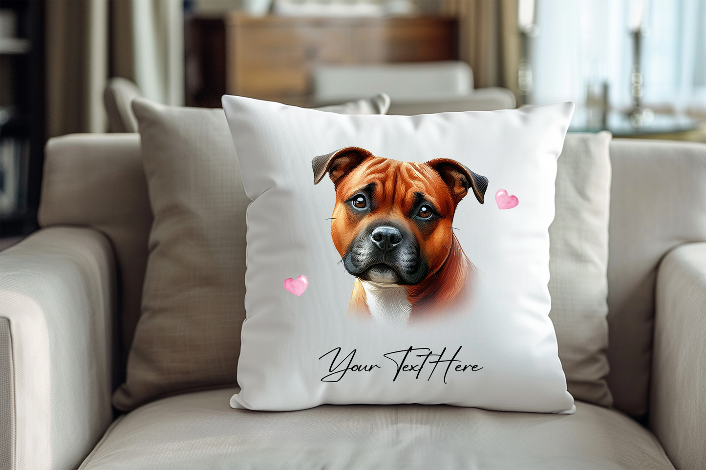 Personalised Red Staffordshire Bull Terrier Hearts Cushion Pet Keepsake Gift