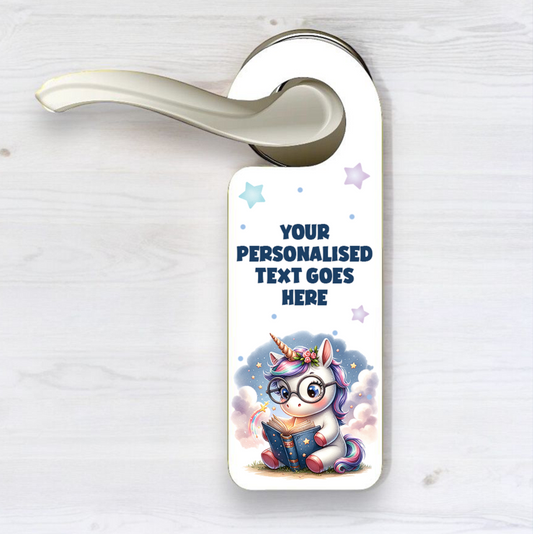 Personalised Unicorn Reading Blue - Door Hanger Gift