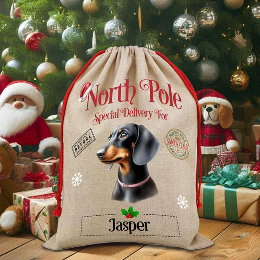 Personalised Dog Black and Tan Dachshund – North Pole Special Delivery Santa Sack Pet Gift, by Floppsie Moppsie – floppsiemoppsie at floppsiemoppsie.co.uk