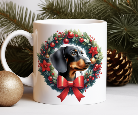 Personalised Black and Tan Dachshund Dog Christmas Wreath Gift Mug