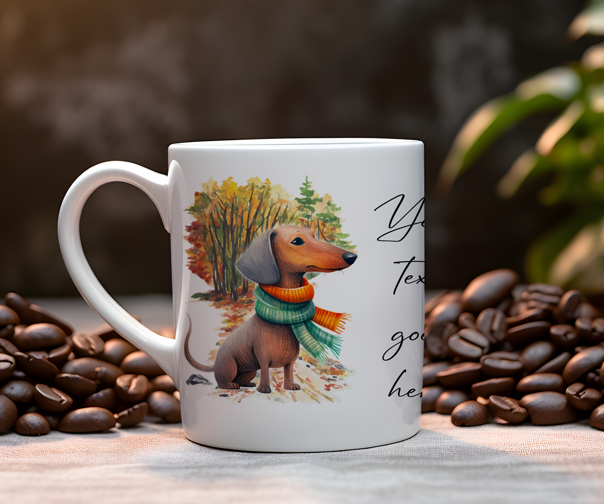 Personalised Dachshund Pet Dog Gift Mug wearing an Autumn scarf on a walk