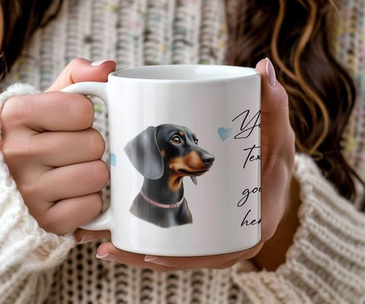 Personalised Dog Gift Mug - Black and Tan Dachshund with Custom Message and Optional Hearts
