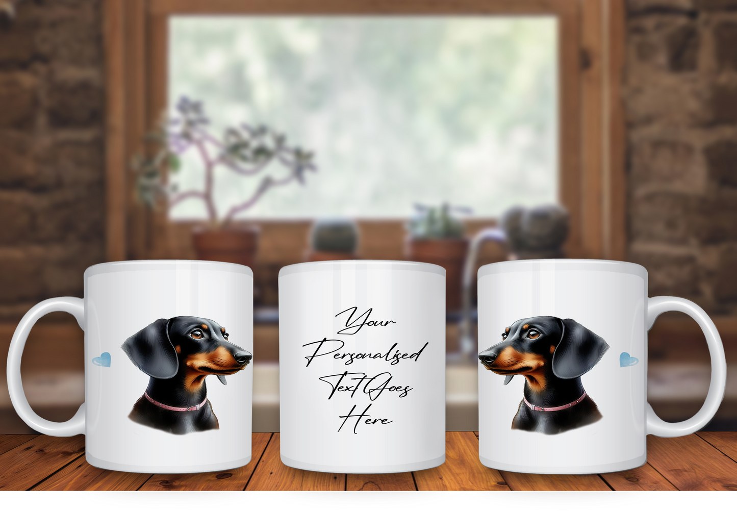 Personalised Dog Gift Mug - Black and Tan Dachshund with Custom Message and Optional Hearts