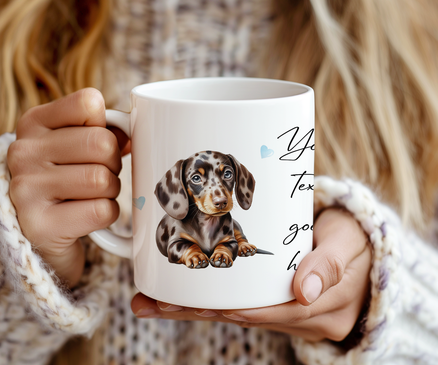 Personalised Dog Gift Mug - Dappled Chocolate Dachshund with Custom Message and Optional Hearts
