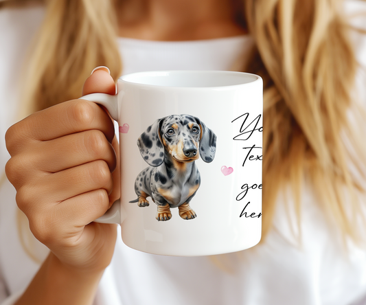 Personalised Dog Gift Mug - Dappled Silver Dachshund with Custom Message and Optional Hearts