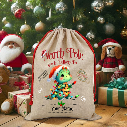Personalised Dinosaur North Pole Santa Sack