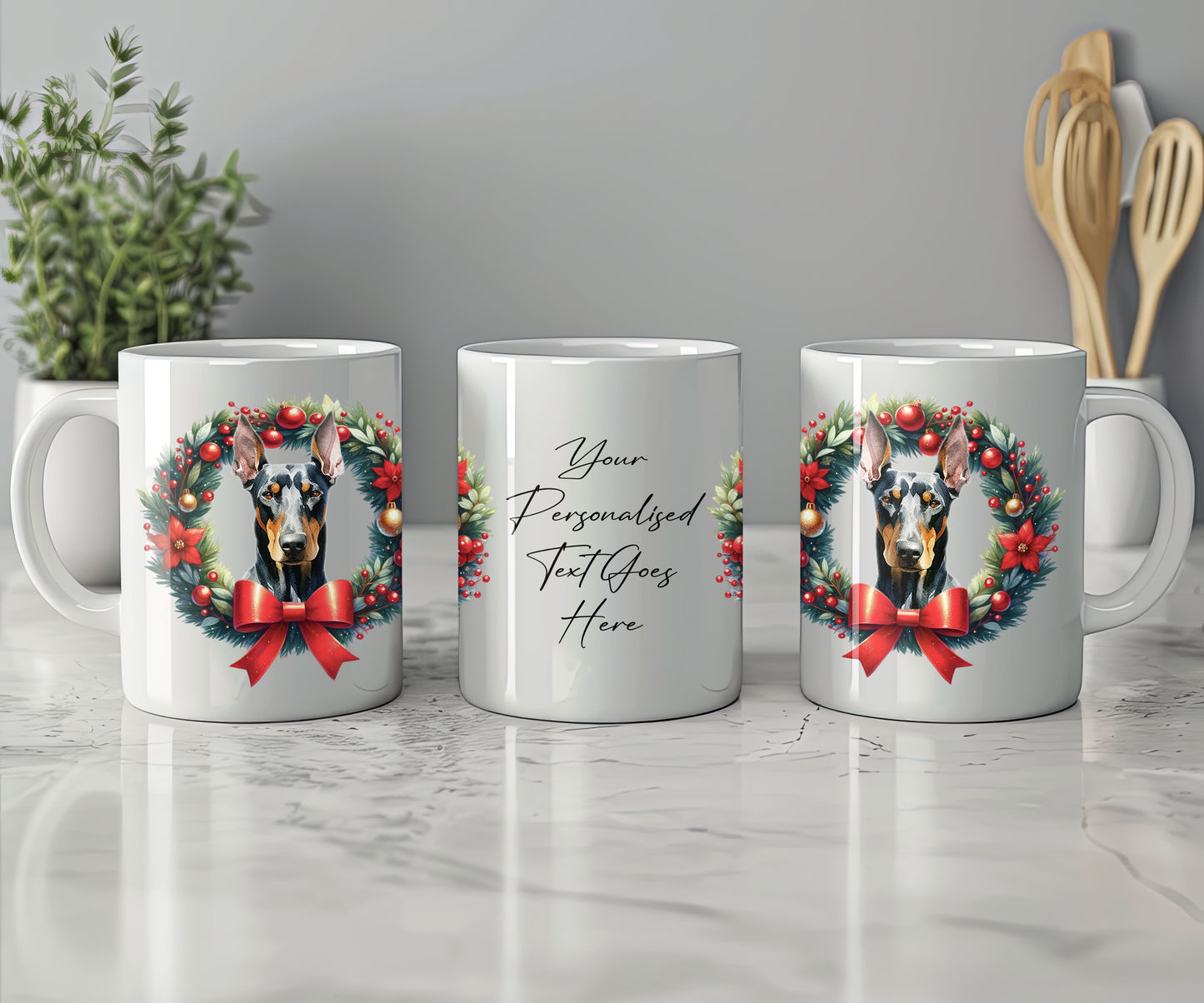 Personalised Doberman Dog Christmas Wreath Gift Mug